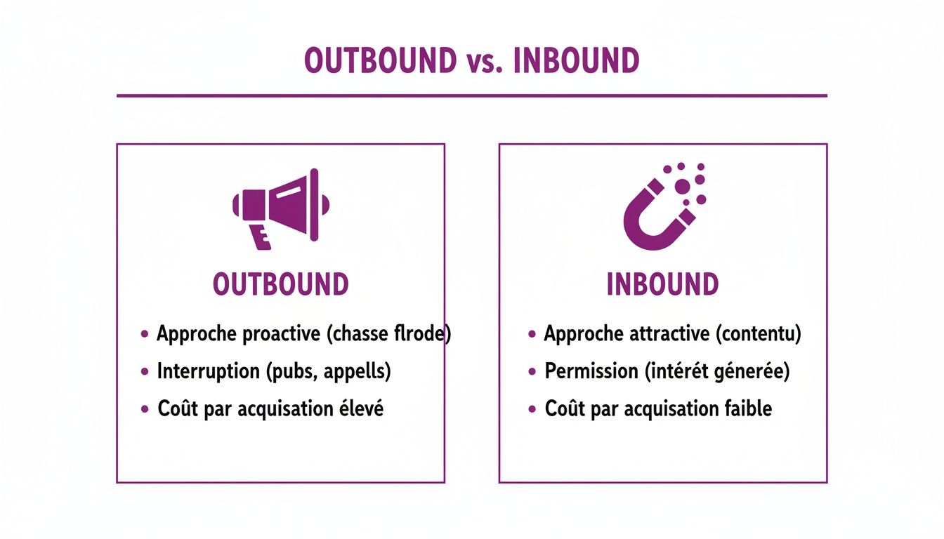Ce graphique compare les stratégies marketing Outbound et Inbound, détaillant leurs approches, méthodes et coûts d'acquisition.