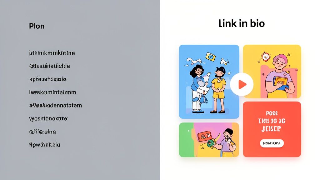 A 'link in bio' page with four colorful social media content previews and illustrations.