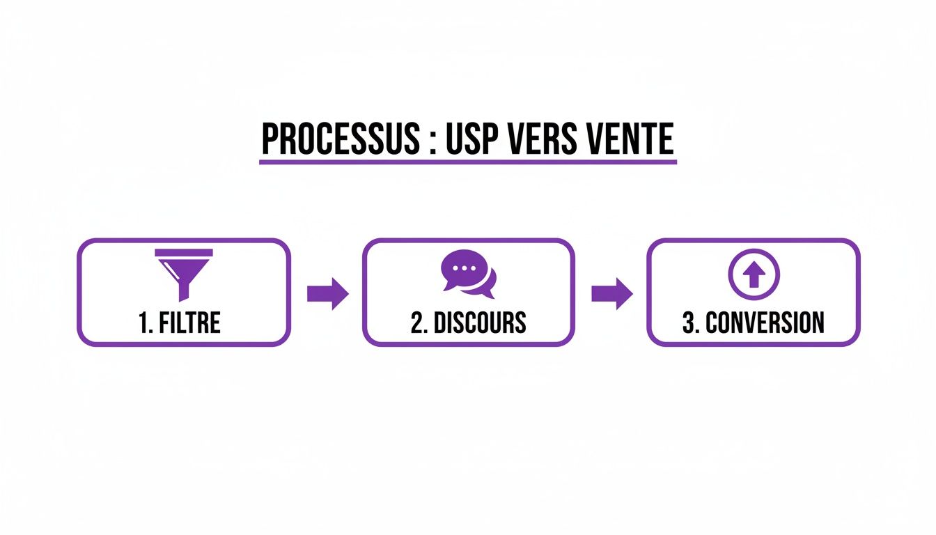 Diagramme illustrant le processus de l'USP à la vente en trois étapes: filtre, discours et conversion.