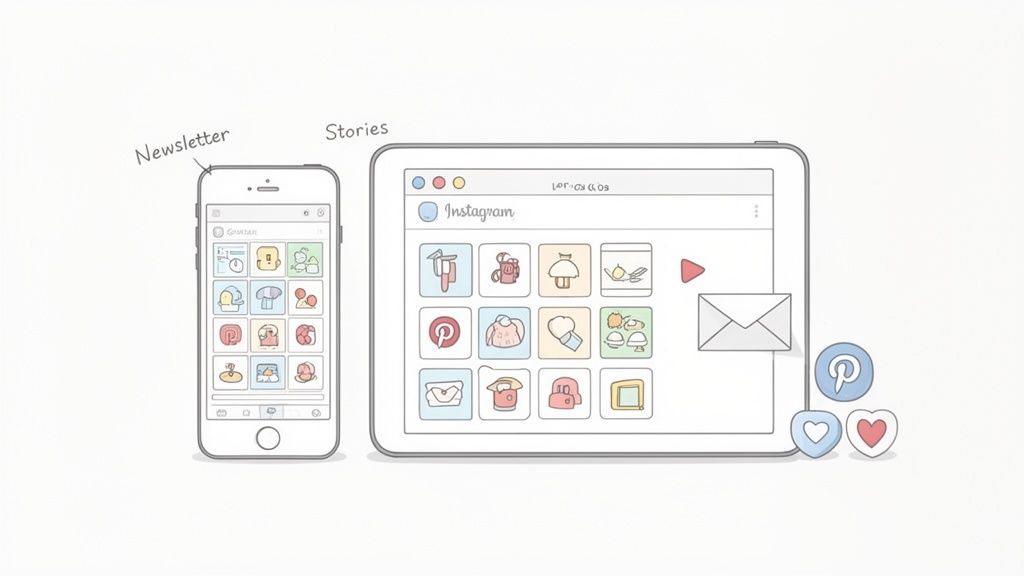 Illustrated smartphone and tablet showing social media apps, a newsletter, and stories.