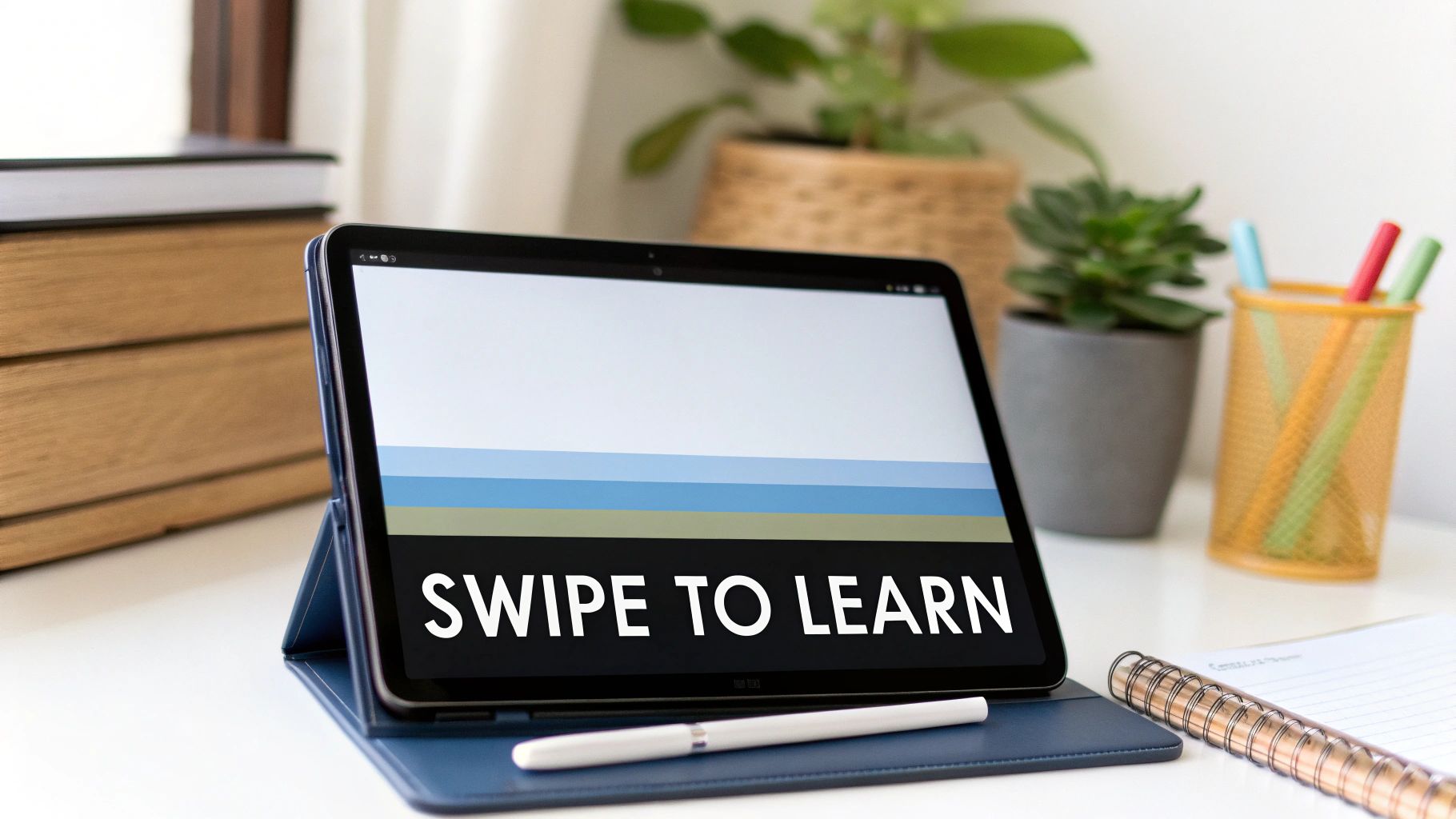 A tablet displaying "SWIPE TO LEARN" on a desk with a stylus, books, and plants.