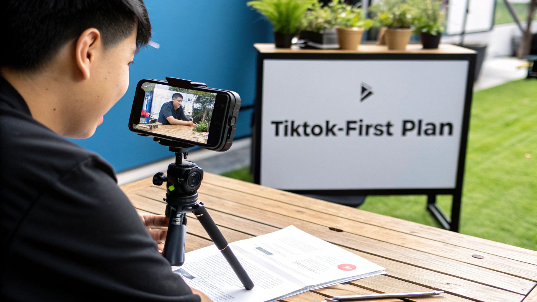 A person records a video on a smartphone, with a 'TikTok-First Plan' sign in the background.