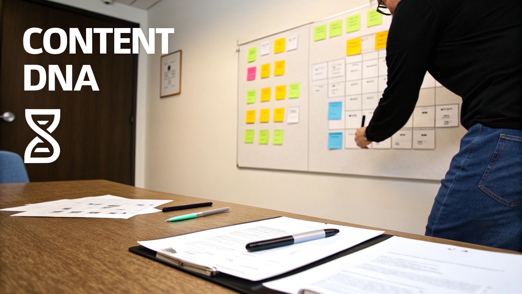 A person in an office writing on a whiteboard covered with colorful sticky notes, with documents on a table.