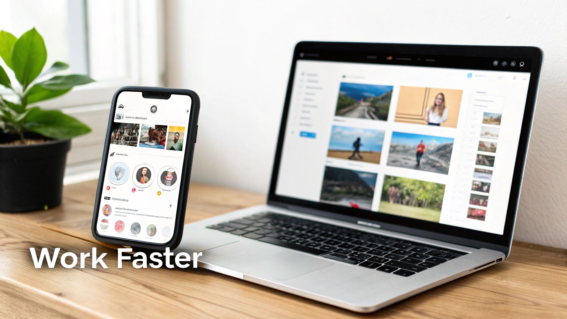 A laptop and a smartphone on a wooden desk, both displaying photo application interfaces.
