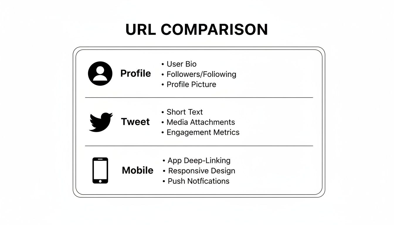 A diagram titled 'URL COMPARISON' detailing features for Profile, Tweet, and Mobile contexts.