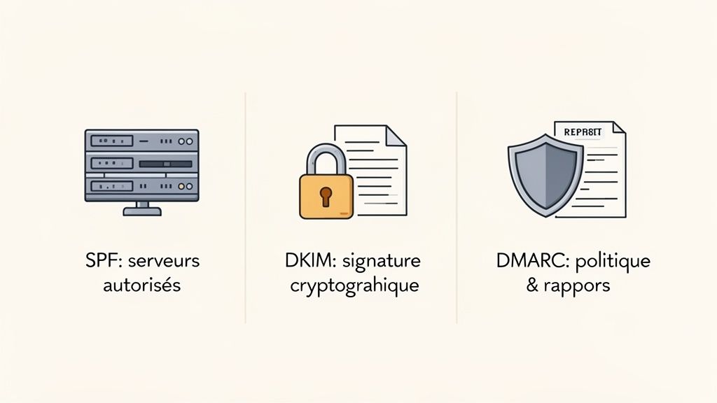 Illustrations des trois méthodes d'authentification email : SPF (serveurs autorisés), DKIM (signature cryptographique) et DMARC (politique & rapports).