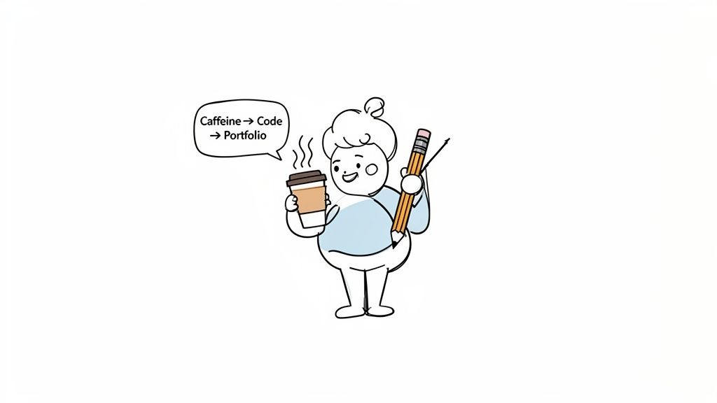 Illustrated character holding coffee and pencil with a 'Caffeine -> Code -> Portfolio' bubble.
