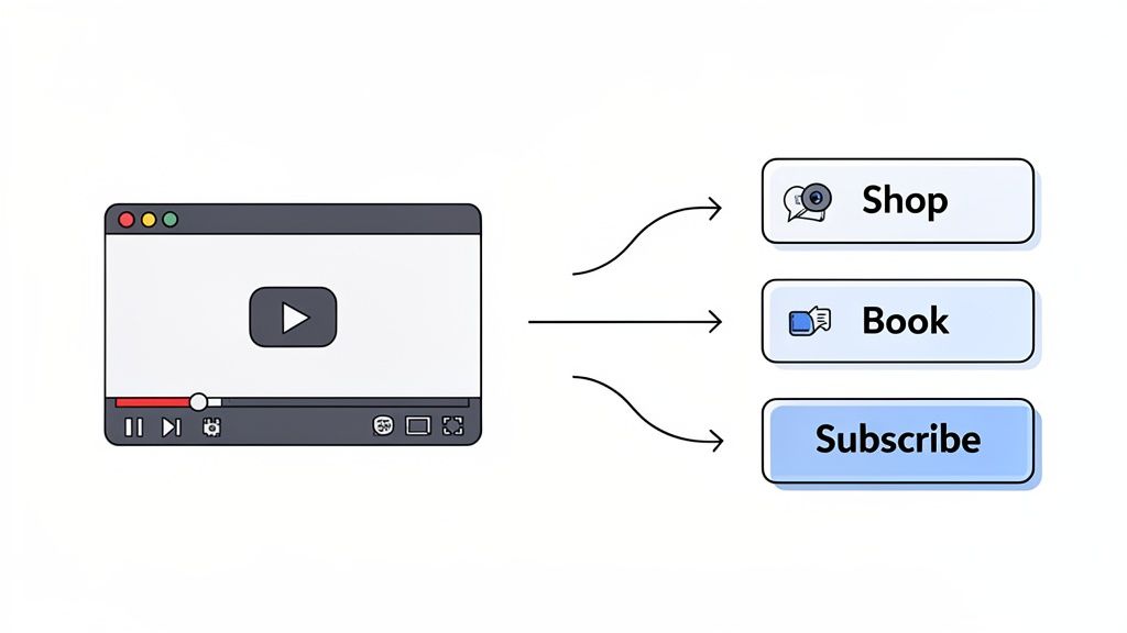 A video player with play controls on the left, leading to 'Shop', 'Book', and 'Subscribe' action buttons.