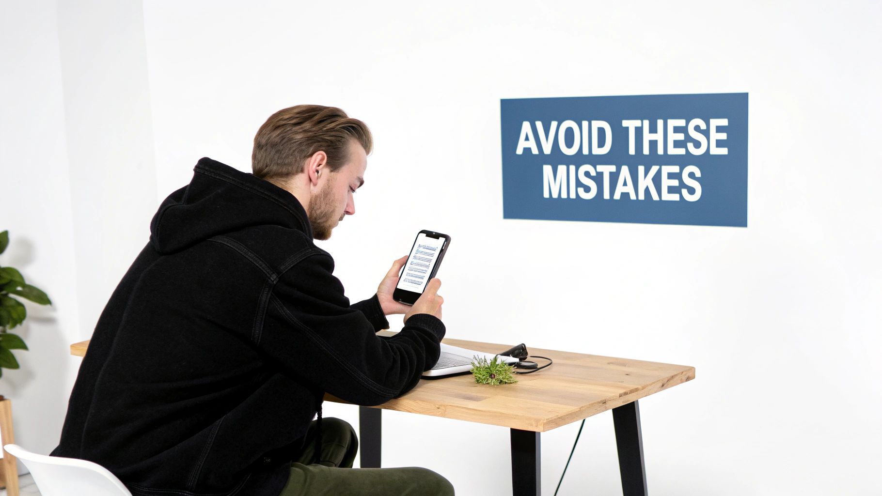 Young man in a black hoodie focused on his smartphone at a desk with a 'AVOID THESE MISTAKES' sign.