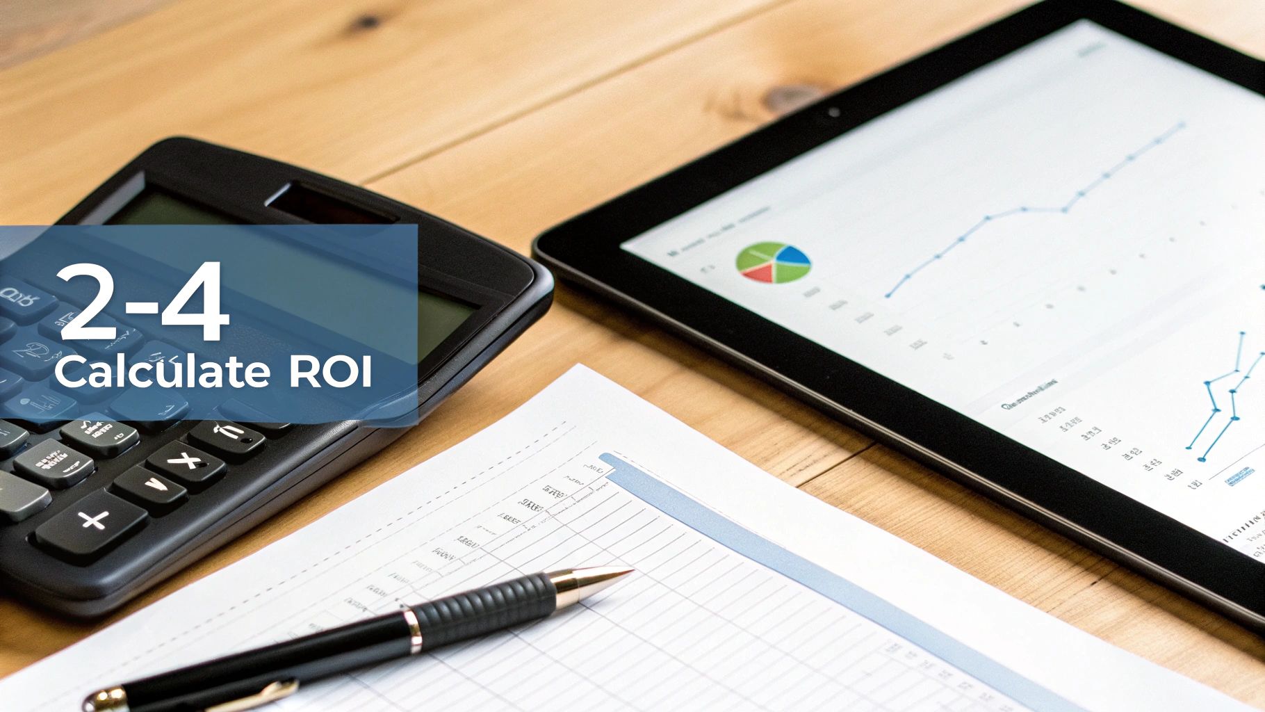 A calculator, tablet with financial graphs, pen, and paper on a wooden desk, illustrating ROI calculation.