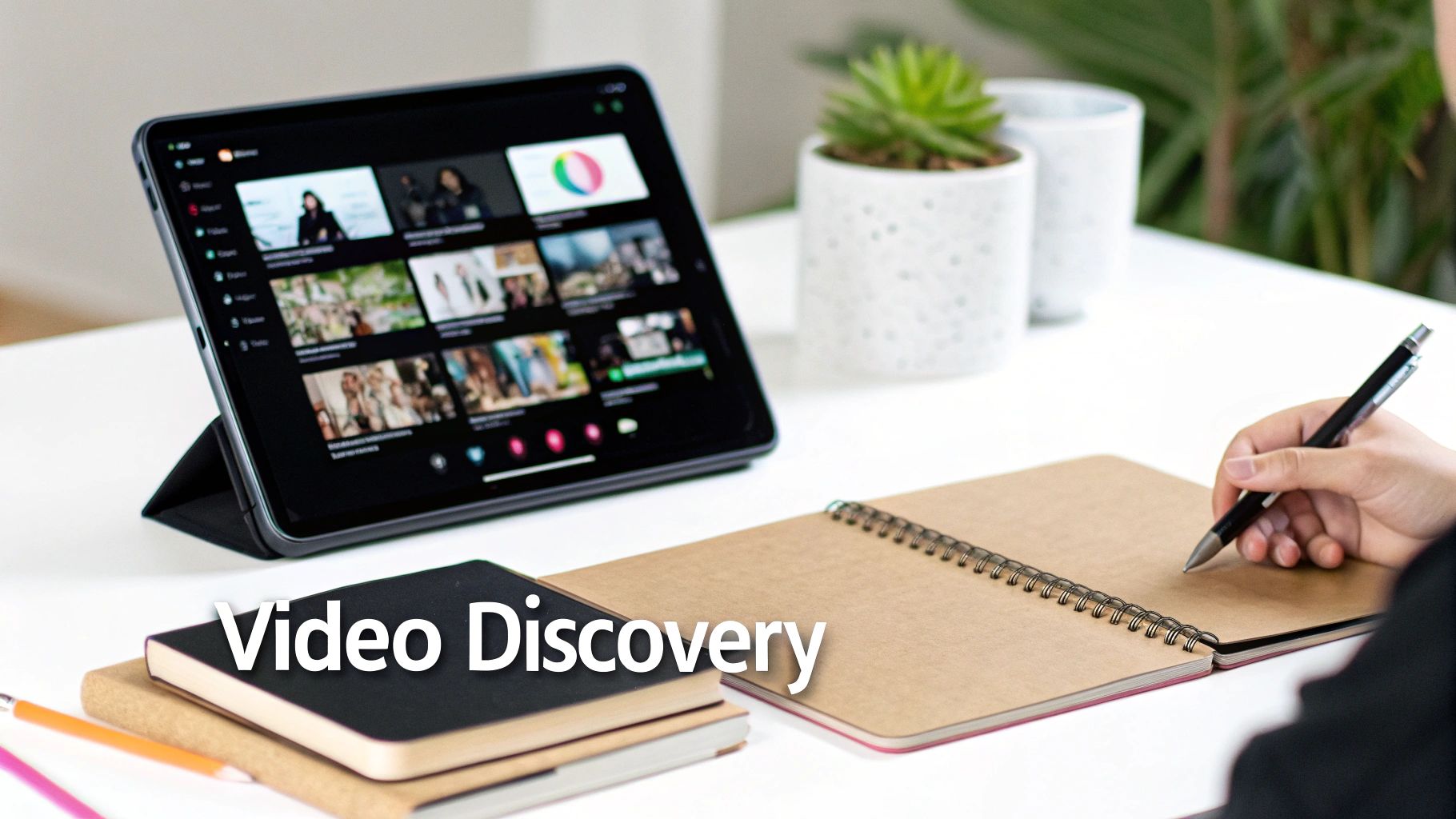 A person writes notes while a tablet displays a video discovery app on a modern white desk.