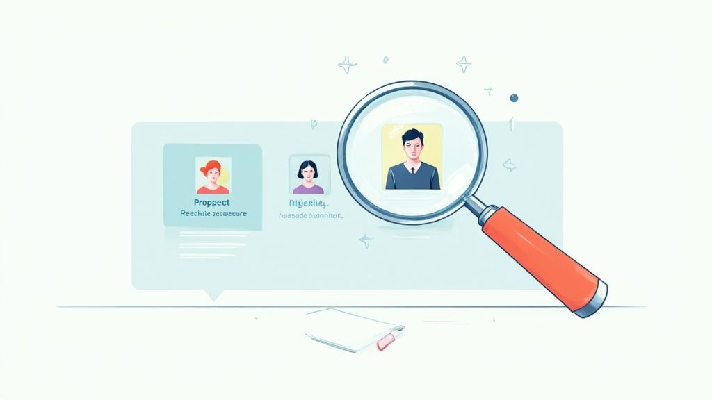 Une loupe examine des profils de personnes, symbolisant la recherche ou le ciblage sur un réseau social.