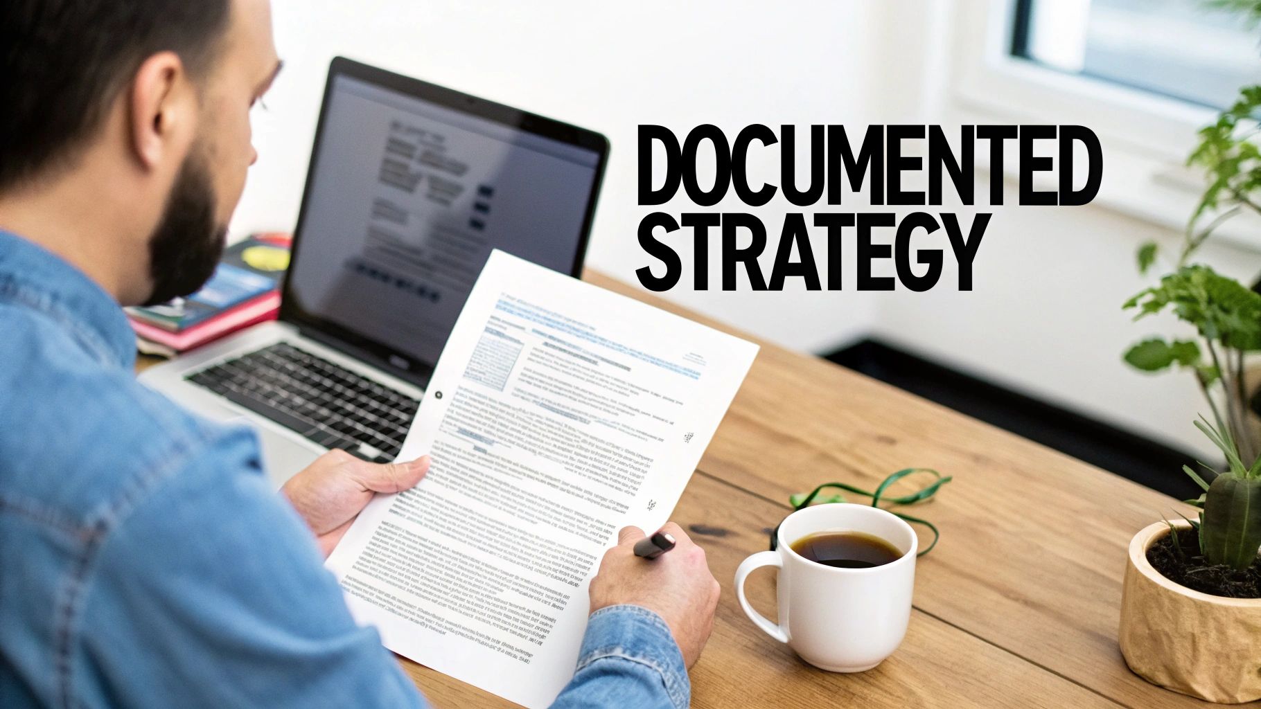 A man reviews a business plan document on a desk with a laptop and coffee, text reads 'DOCUMENTED STRATEGY'.