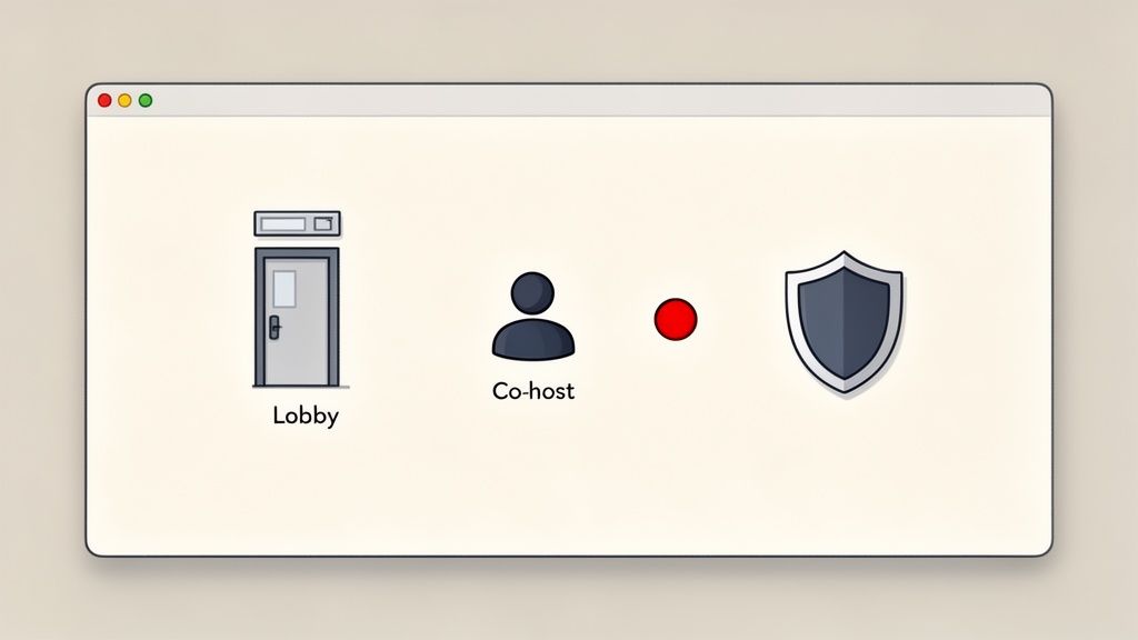 Illustration des fonctionnalités d'une réunion en ligne, incluant un lobby, un co-hôte, l'enregistrement et la sécurité.