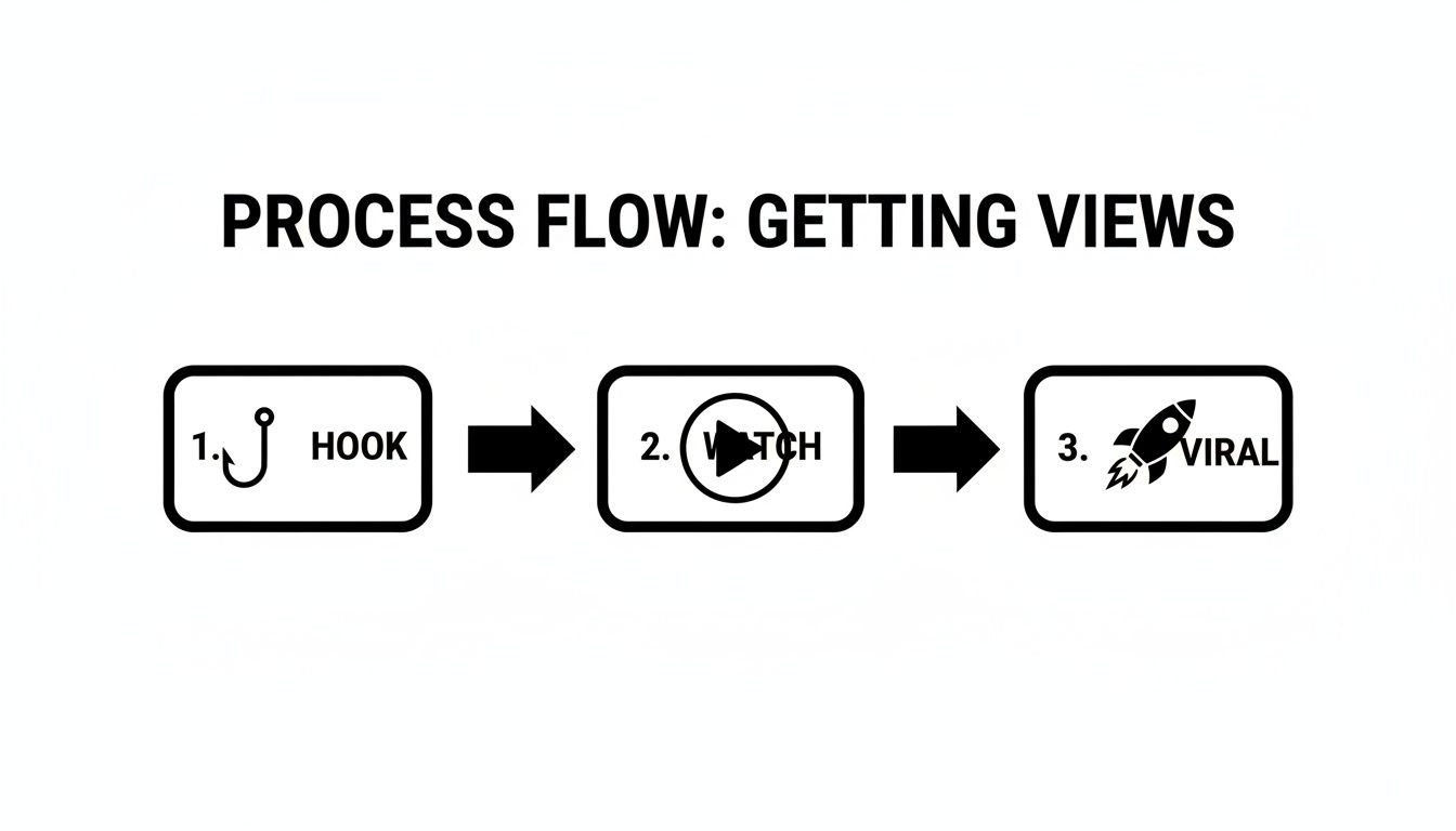 Flowchart showing three steps to get views: Hook, Watch, Viral with corresponding icons.