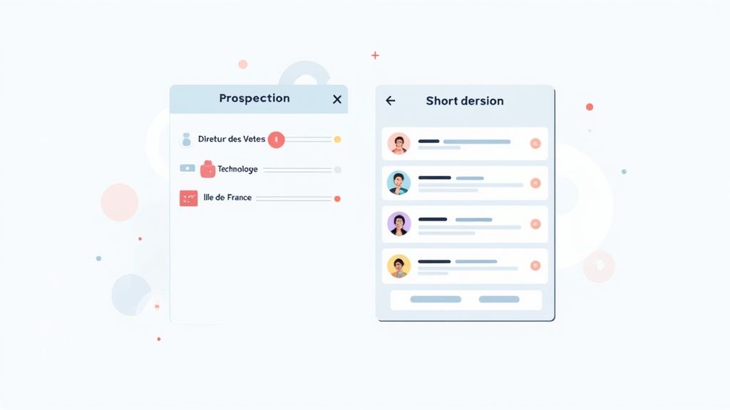 Interface utilisateur montrant des filtres de prospection pour « Diretur des Vetes », « Technologe » et « Ille de France », à côté d'une liste de profils d'utilisateurs.