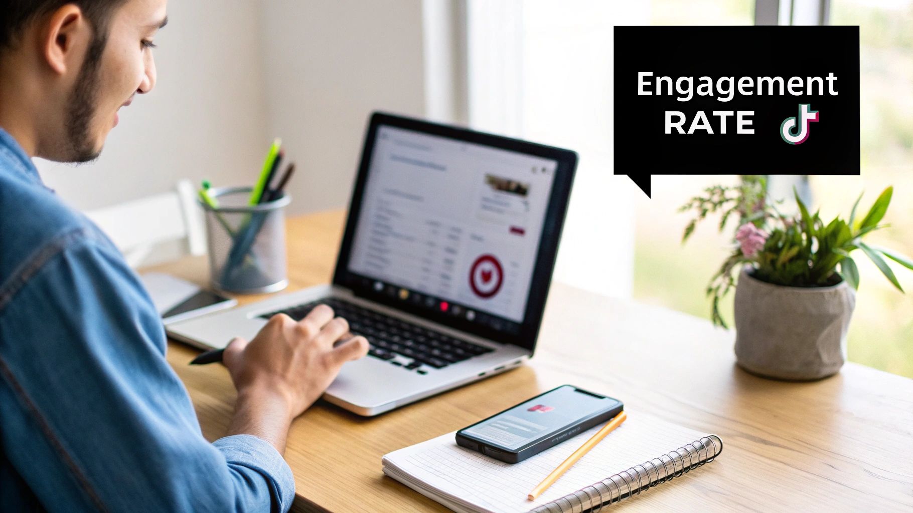 A man calculates TikTok engagement rates on his laptop at a desk with a phone, notebook, and plant.