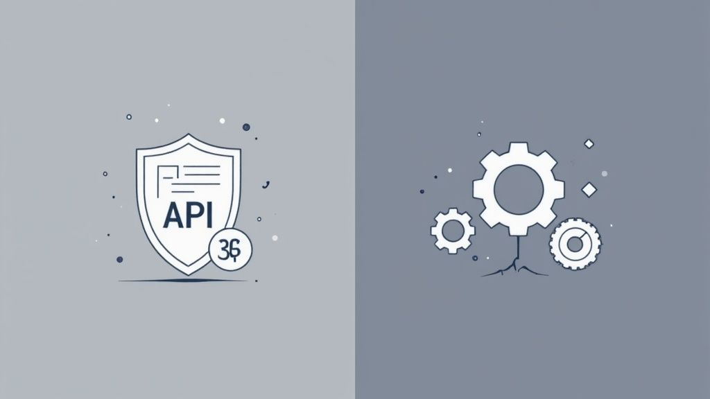 Illustration d'un bouclier avec le texte API et un symbole 3$, à côté d'engrenages représentant l'automatisation.