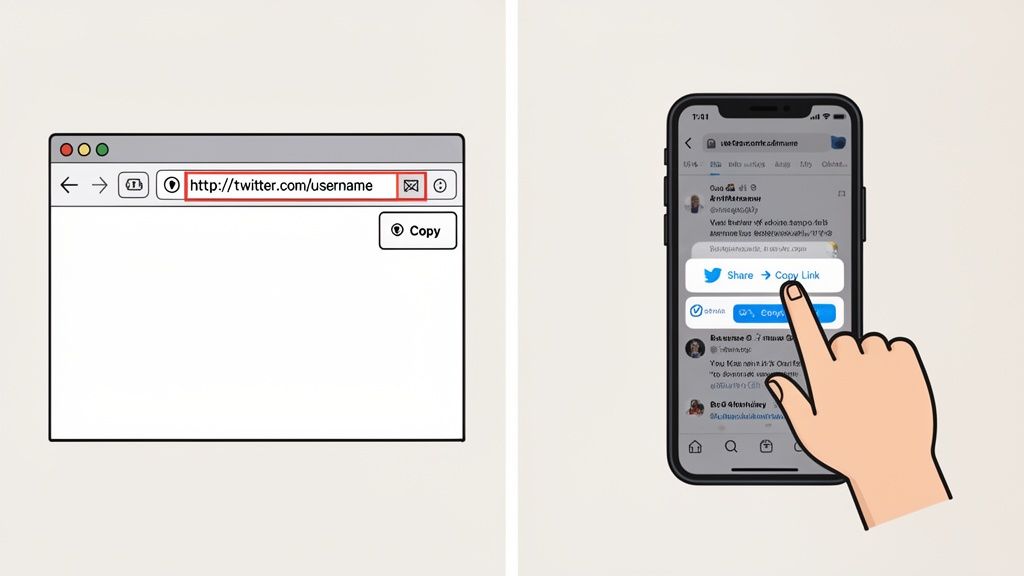 Two methods for copying a Twitter link: from a web browser address bar and a mobile app's share menu.