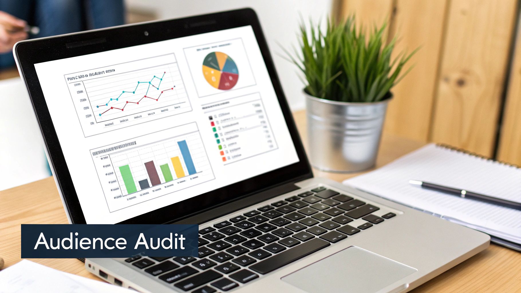 A laptop on a wooden desk displays various data charts and graphs, with a plant and notebook nearby.