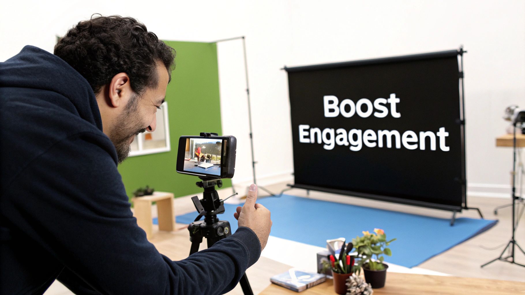 A man records a video on his smartphone, giving a thumbs-up with a 'Boost Engagement' screen in the background.