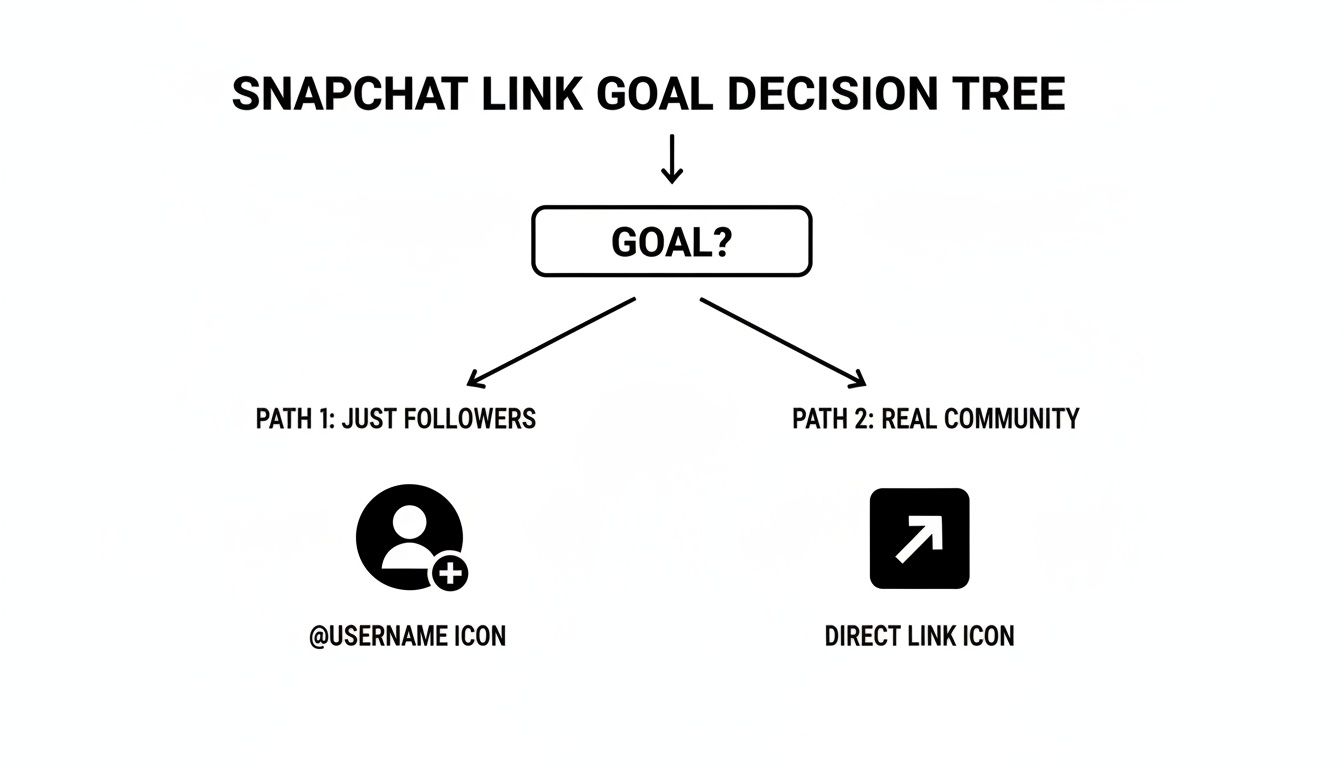 A Snapchat link goal decision tree showing two paths: 'Just Followers' with an @username icon, or 'Real Community' with a direct link icon.