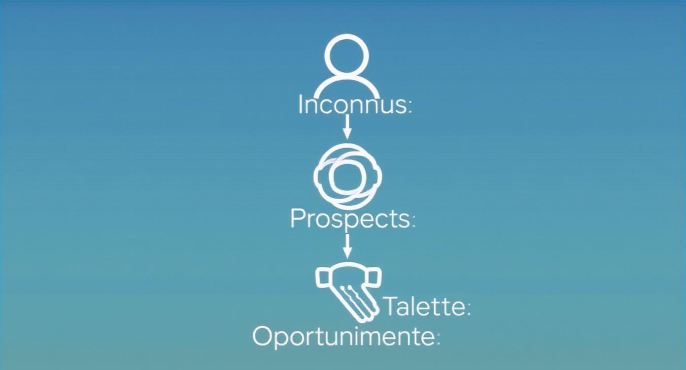 Diagramme de processus B2B illustrant la transformation des inconnus en prospects et opportunités, avec des icônes descriptives.