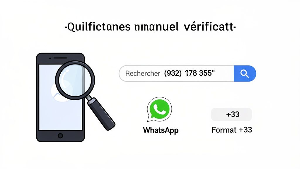 Vérification manuelle d'un numéro de téléphone WhatsApp sur un smartphone, incluant l'indicatif +33.