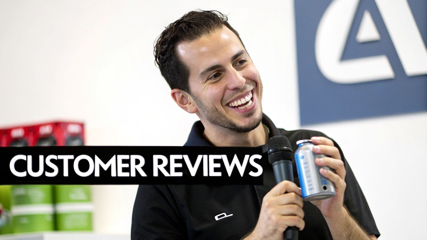 Enthusiastic man holding a microphone and product can, with a "CUSTOMER REVIEWS" banner.