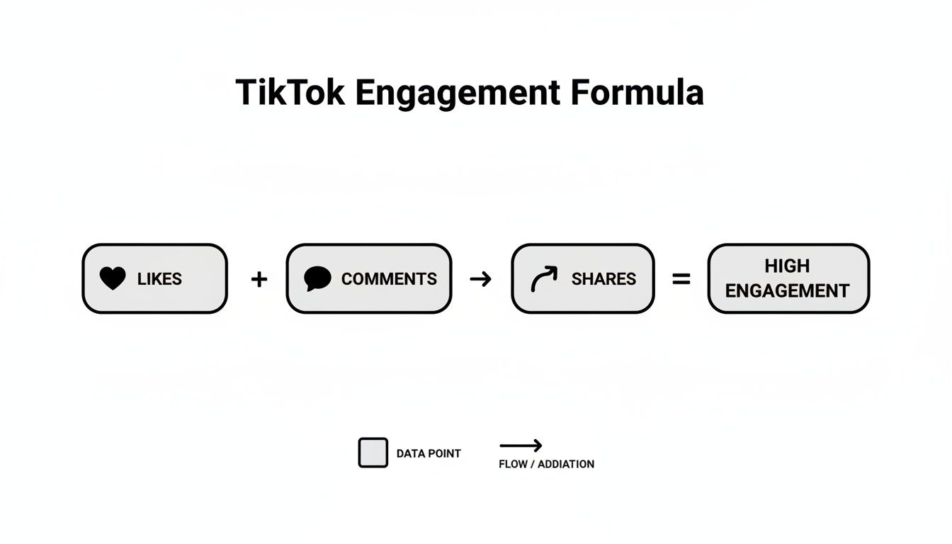 A diagram illustrating the TikTok engagement formula: Likes + Comments, leading to Shares, equals High Engagement.