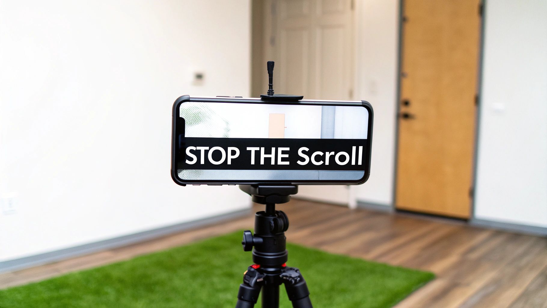 A smartphone mounted on a tripod displays the bold white text 'STOP THE SCROLL' in an indoor setting.