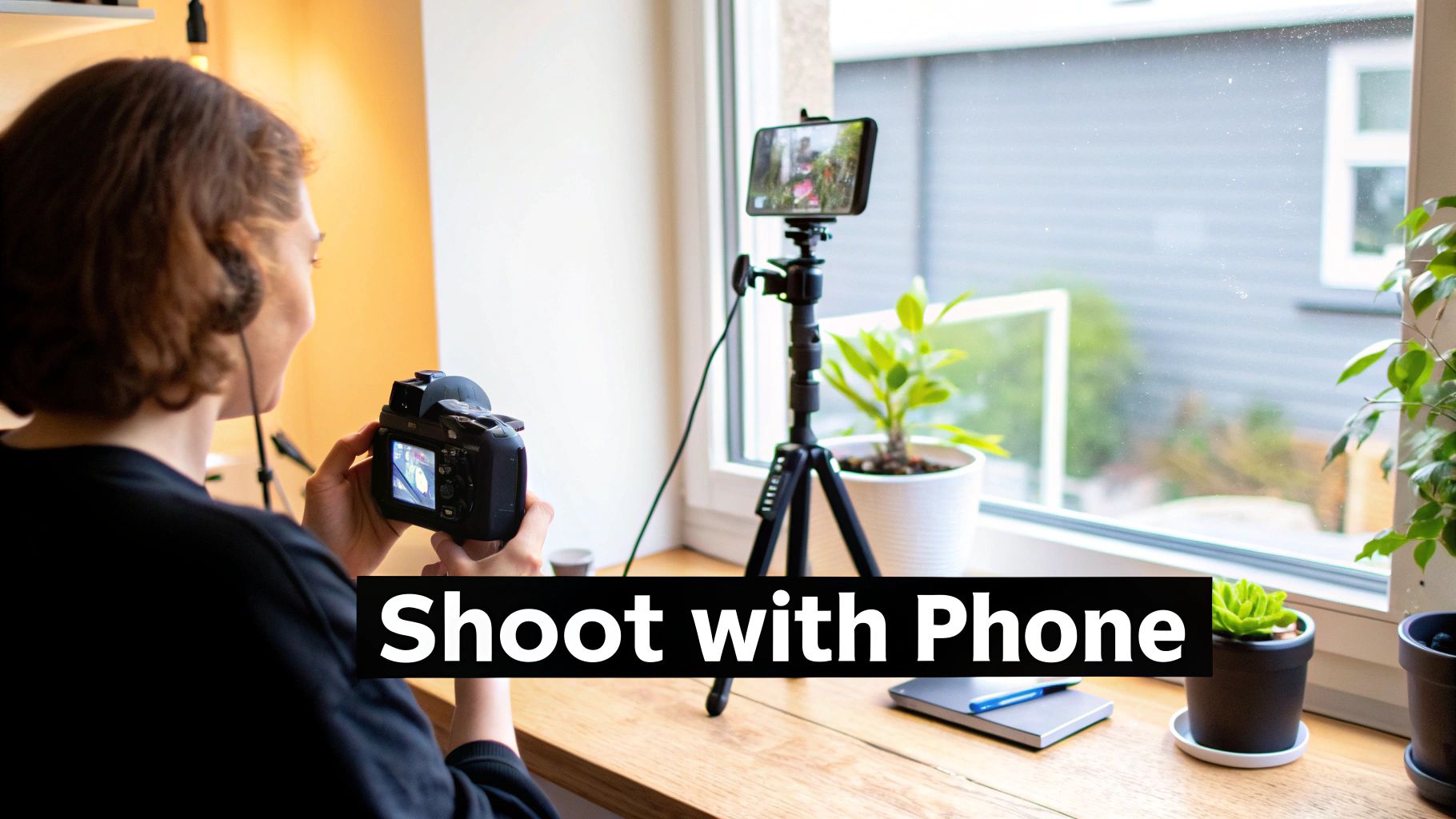 Person holding a camera, facing a window with a smartphone on a tripod recording, surrounded by plants.