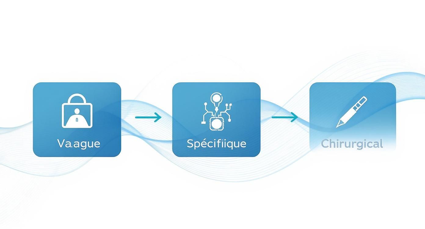 Une illustration montrant la progression de « Vague » à « Spécifique » vers « Chirurgical » avec des icônes descriptives.