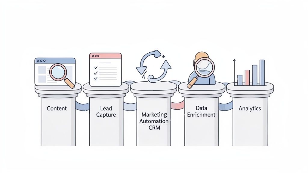 Infographie montrant cinq piliers du marketing digital : contenu, capture de leads, automatisation CRM, enrichissement de données et analyse.