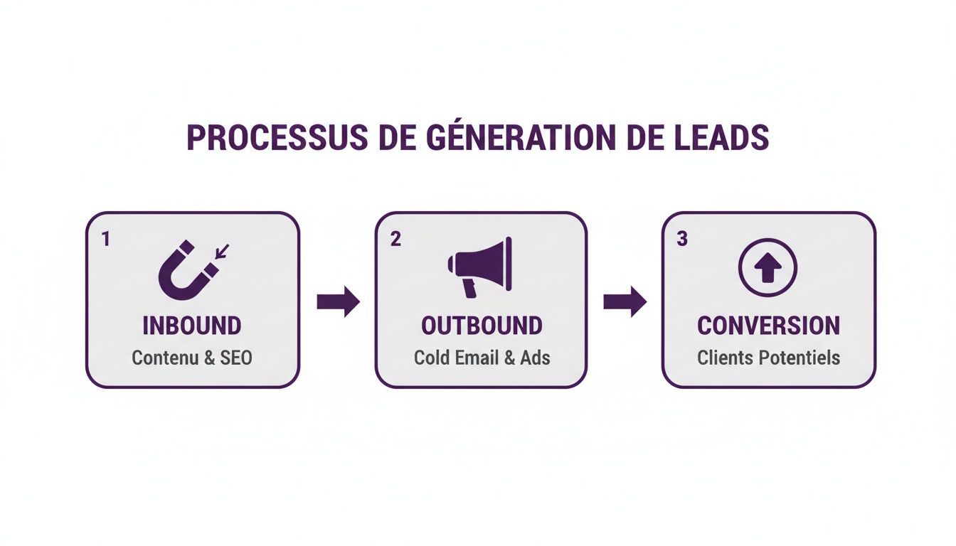 Diagramme détaillé du processus de génération de leads en 3 étapes: Inbound (contenu, SEO), Outbound (emails, publicités) et Conversion des clients potentiels.