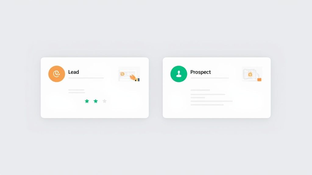 Deux cartes blanches comparant un 'Lead' avec un logo orange et des étoiles à un 'Prospect' avec un logo vert et des caractéristiques, illustrant leurs différences.