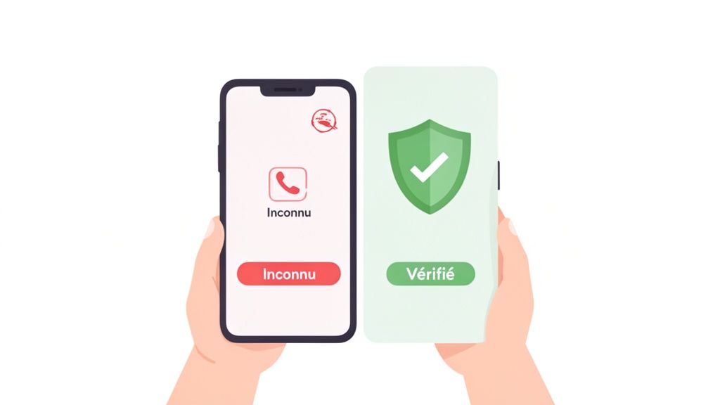 Deux smartphones comparatifs montrés dans des mains, l'un indiquant un appel inconnu et l'autre une vérification de sécurité réussie.