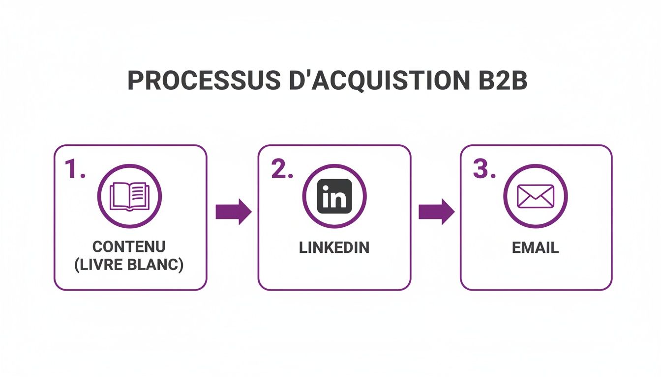 Infographie illustrant le processus d'acquisition B2B en 3 étapes : contenu (livre blanc), LinkedIn, et email.