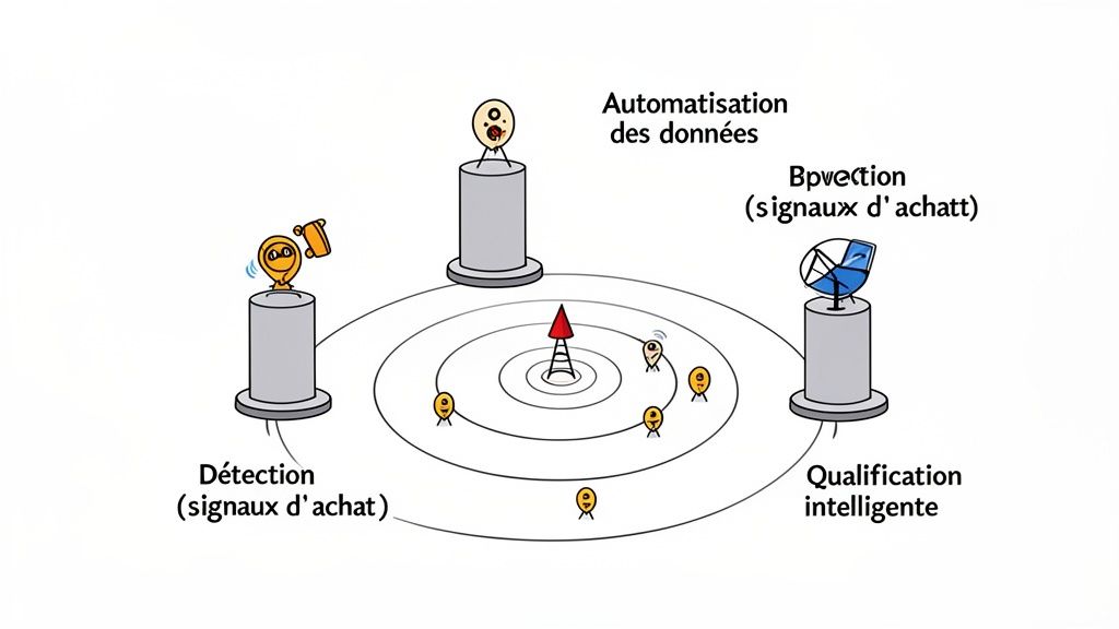 Diagramme illustrant le processus de détection, d'automatisation et de qualification intelligente des signaux d'achat pour optimiser les ventes.