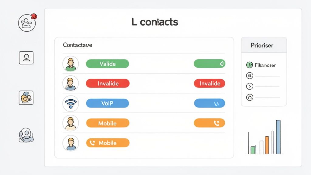 Interface utilisateur de gestion des contacts, affichant des numéros validés, invalides, VoIP et mobiles, avec options de priorisation et un graphique d'analyse.
