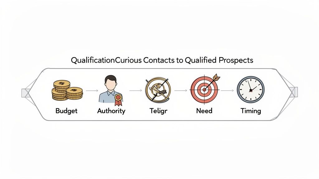 Une infographie sur le processus de qualification des prospects, présentant les étapes clés : Budget, Autorité, Teligr, Besoin et Timing.