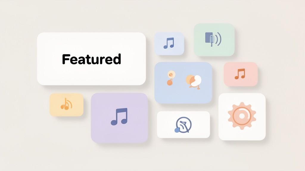 A clean UI design displaying a 'Featured' title with various app icons for music, sound, and settings.