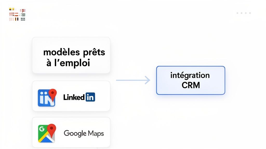 Schéma montrant l'intégration de modèles prêts à l'emploi (LinkedIn, Google Maps) vers un système CRM.