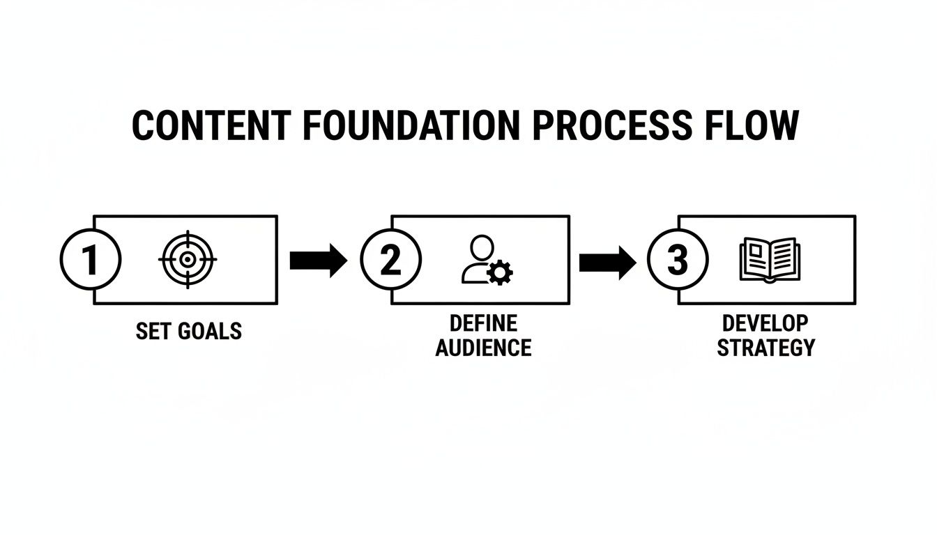 A content foundation process flow chart showing three steps: set goals, define audience, and develop strategy.