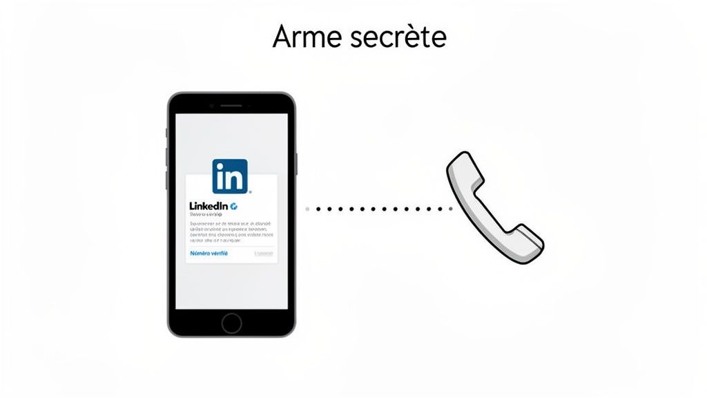 Un smartphone affichant l'application LinkedIn et un combiné téléphonique, reliés par des points, avec le texte "Arme secrète".