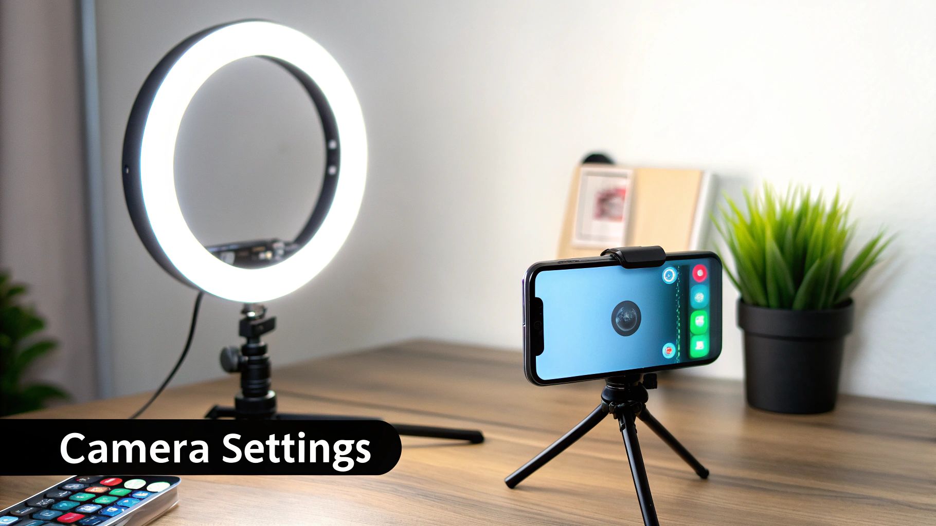 A smartphone on a tripod showing camera settings, illuminated by a bright ring light.