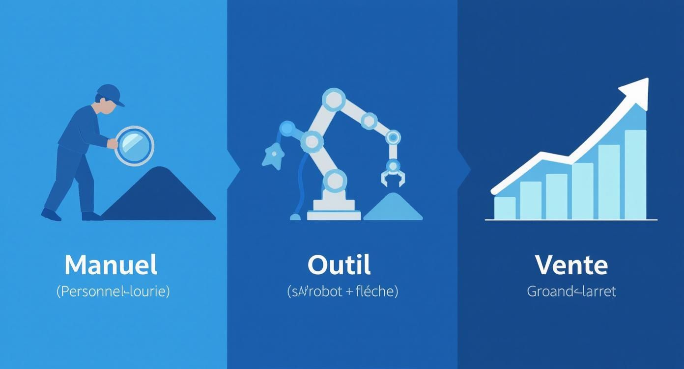 Progression visuelle : travail manuel, automatisation par robot, et croissance des ventes.