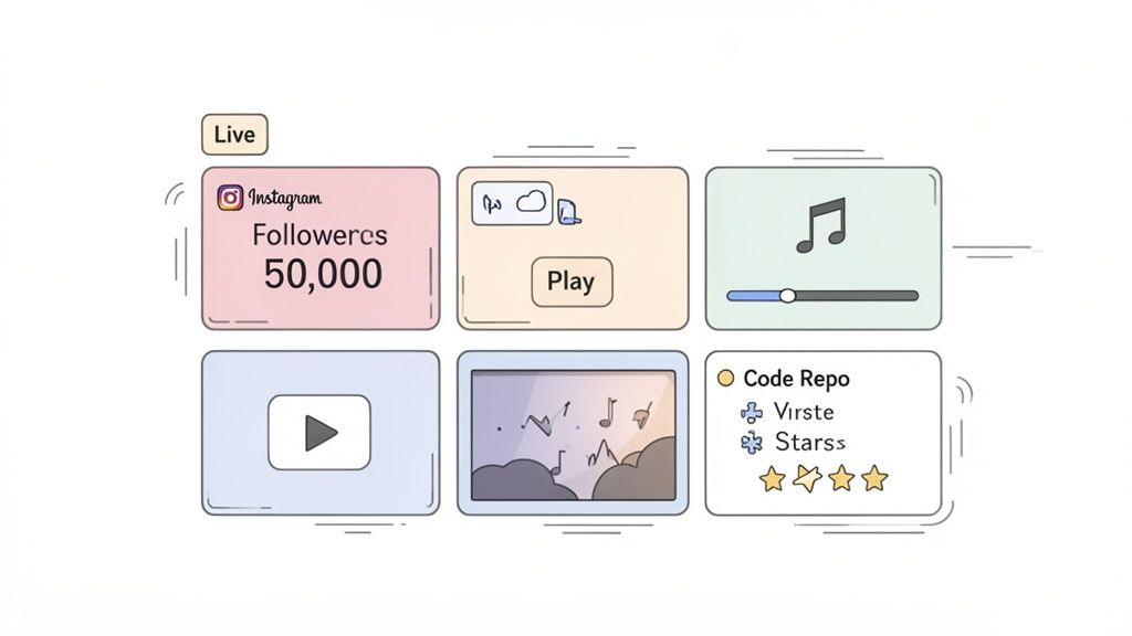 A cartoon-style digital dashboard showing various web widgets like Instagram, music, video, and code repo.