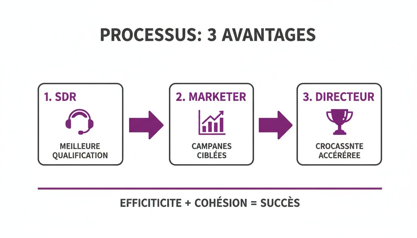 Un diagramme de processus en 3 étapes montrant les avantages de l'intégration SDR, Marketer et Directeur pour une croissance accélérée.