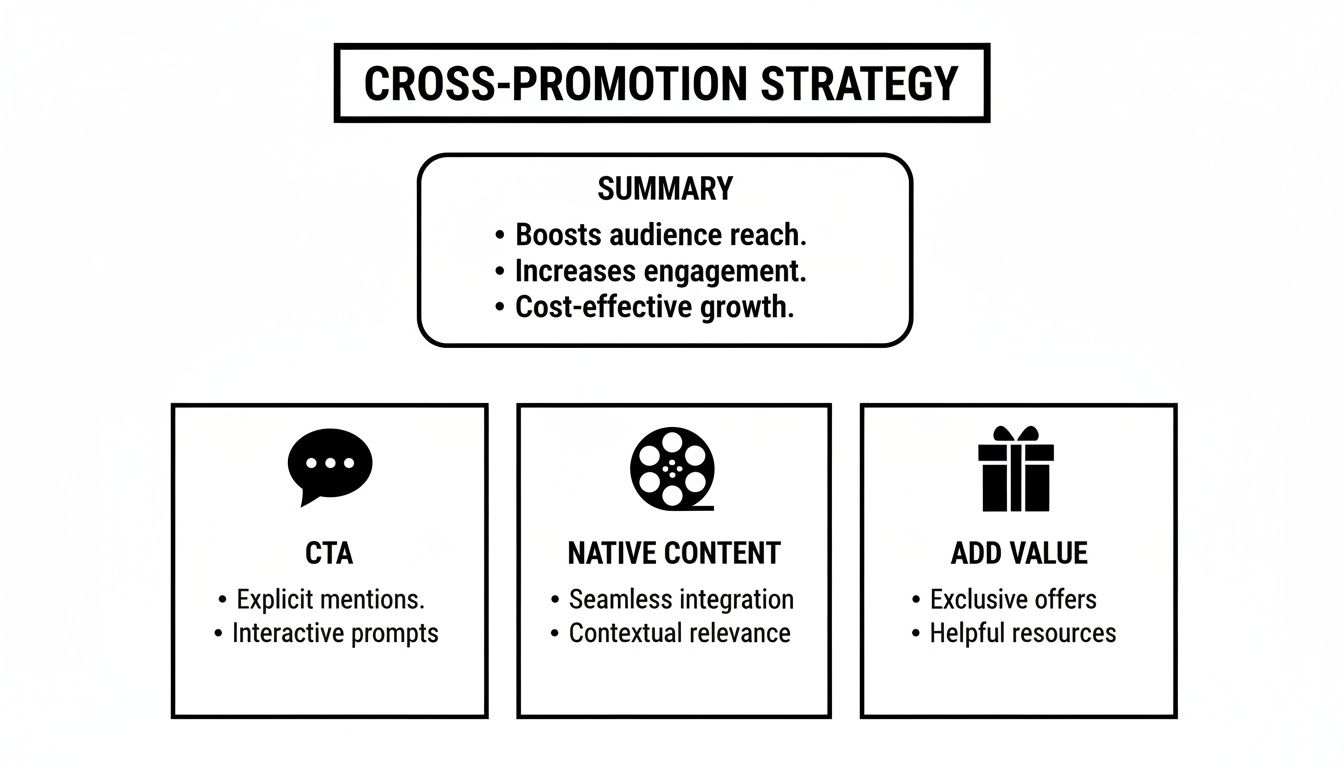 Diagram detailing a cross-promotion strategy, outlining its benefits and key implementation methods.